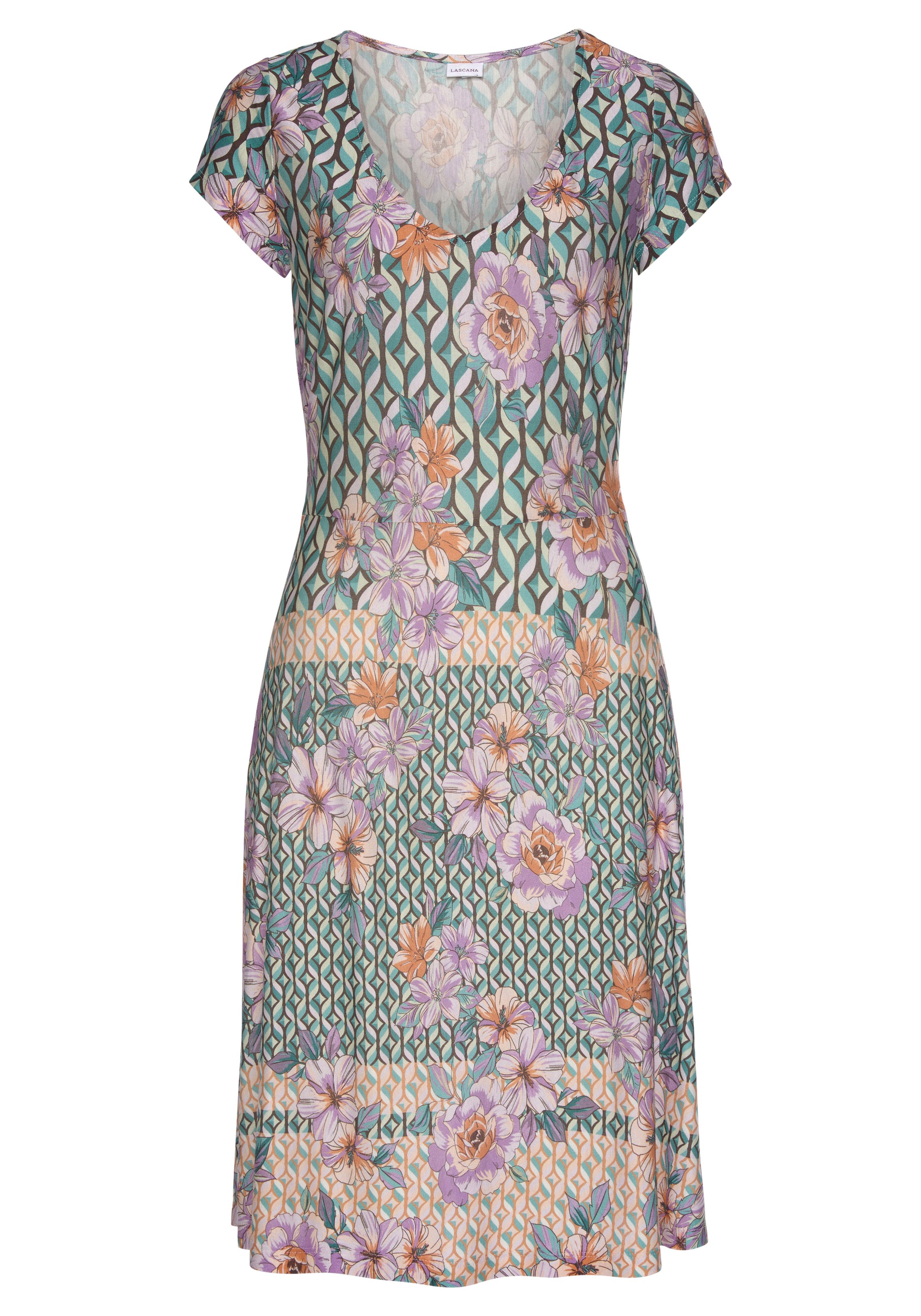 LASCANA Sommerkleid, mit V-Ausschnitt im Alloverprint, luftiges Strandkleid, Jerseykleid