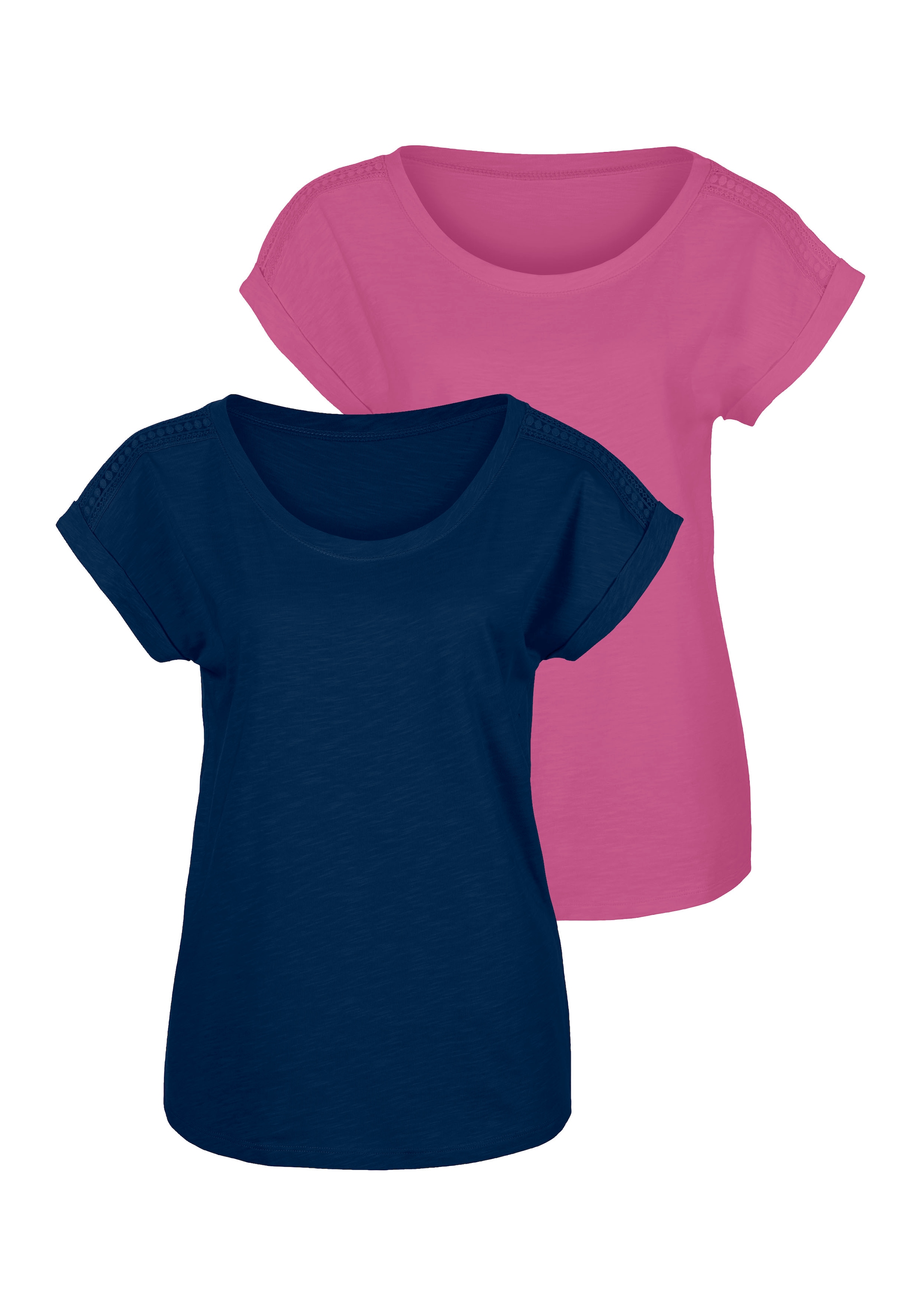 im Einsatz günstig Kaufen-Vivance T-Shirt, (Packung, 2er-Pack). Vivance T-Shirt, (Packung, 2er-Pack) <![CDATA[Modisches T-Shirt im 2er-Pack von Vivance. Mit zartem Häkeleinsatz an der Schulter. Angeschnittene Ärmel mit umgeschlagenem Saum. Weiche, leicht strukturierte Baumwollqu