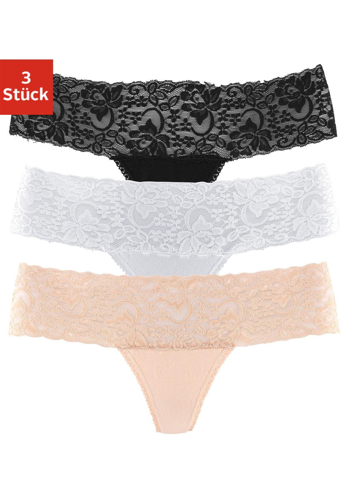 Vivance String, (Packung, 3 St.), Baumwolle Unterwäsche aus elastischer Spitze Bademode, kaufen LASCANA floraler & | online mit » Lingerie