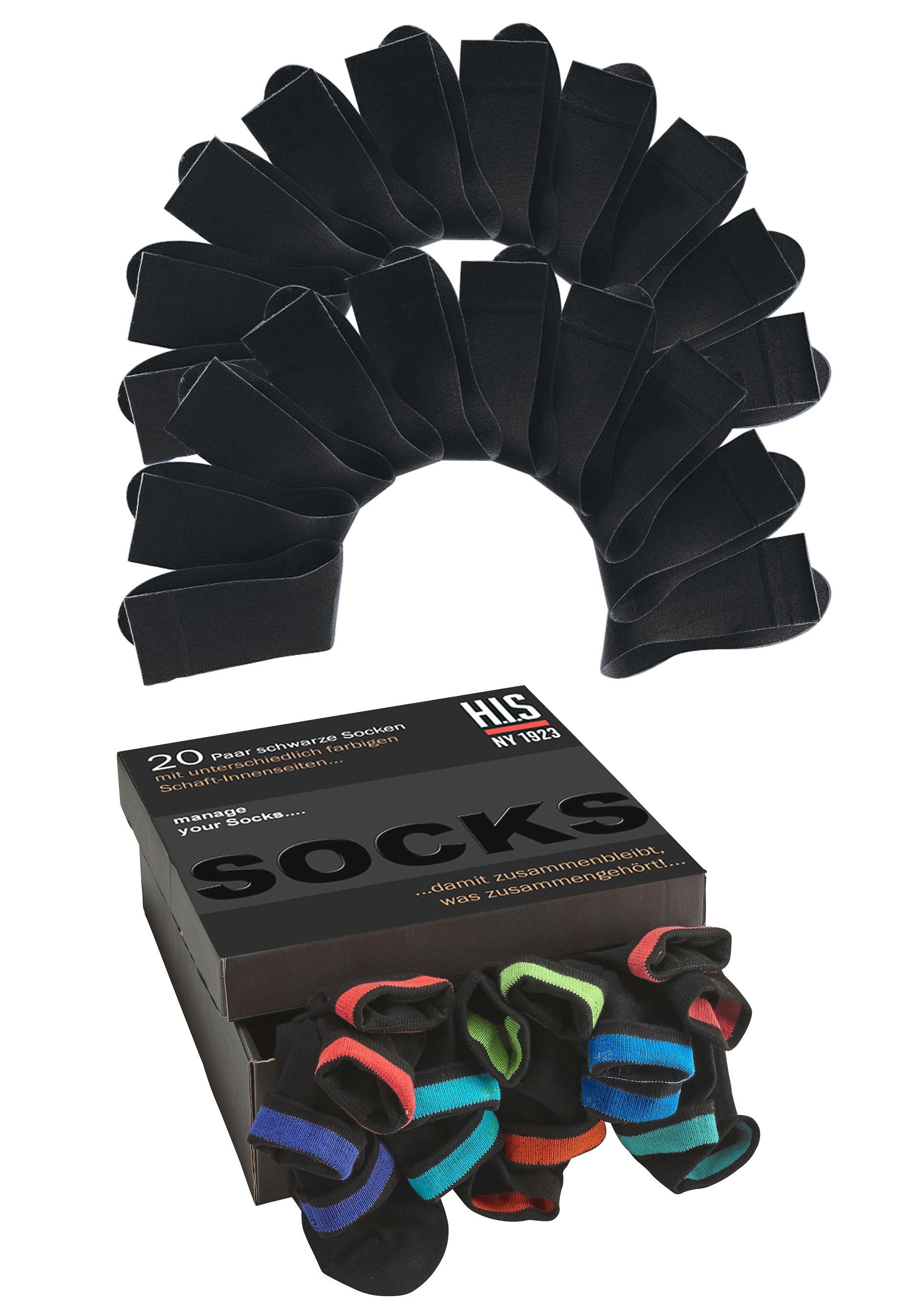 Paar Socken günstig Kaufen-H.I.S Socken, (Box, 20 Paar), in praktischer Geschenkbox. H.I.S Socken, (Box, 20 Paar), in praktischer Geschenkbox <![CDATA[20 Paar Unisex-Socken in der Geschenkbox. Softe Bündchen beugen ein Einschneiden vor. Durch die verschiedenfarbigen Innenseiten de