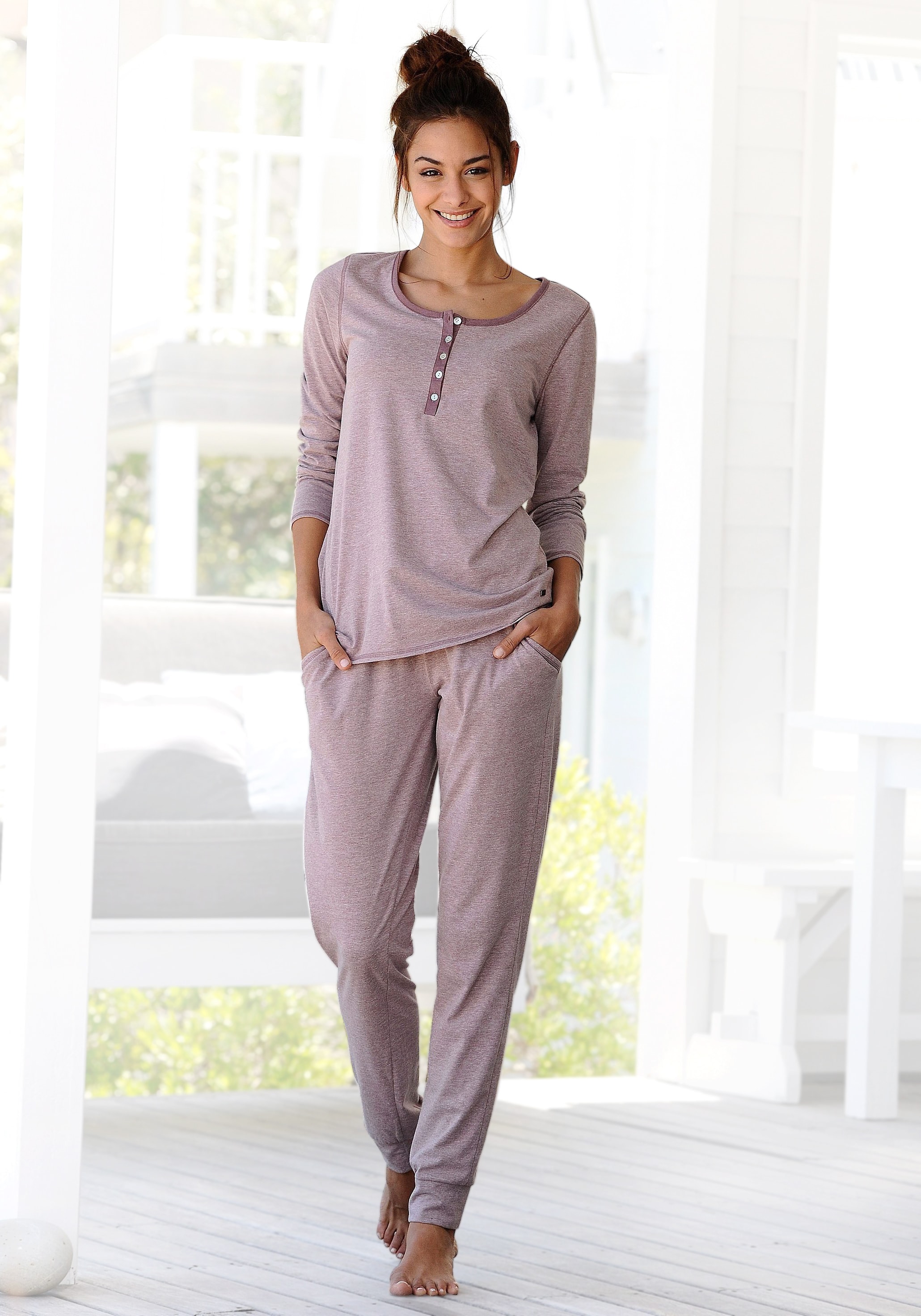 Arizona Pyjama, Unterwäsche 1 & in kaufen mit melierter LASCANA tlg., Bademode, Lingerie (2 Knopfleiste Stück), | online » Qualität
