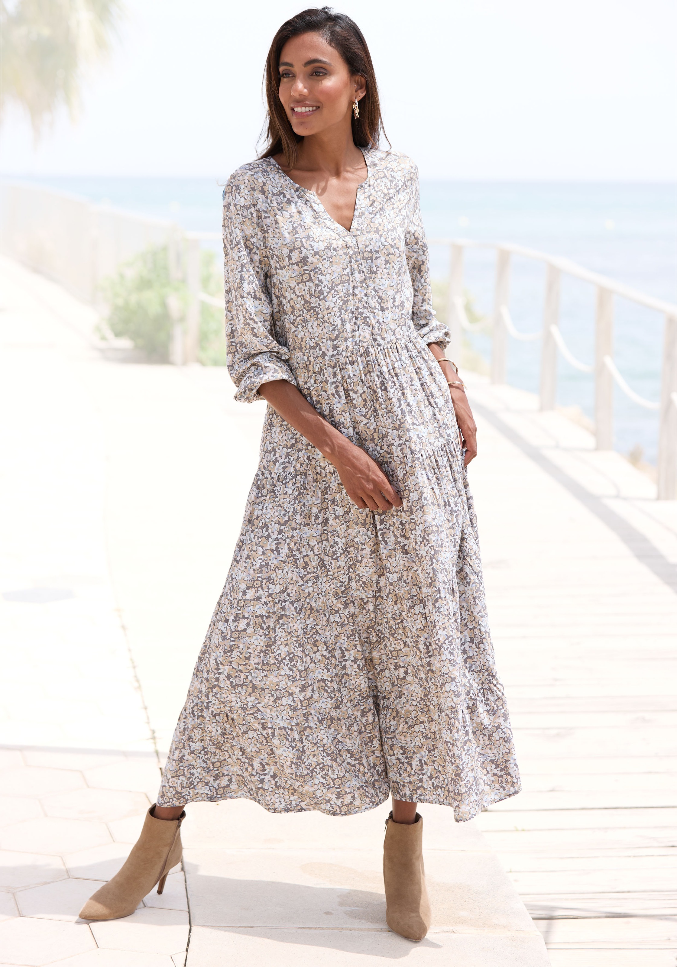 Vivance Maxikleid, mit Alloverprint und Volants, langärmlig, Druckkleid, casual-chic