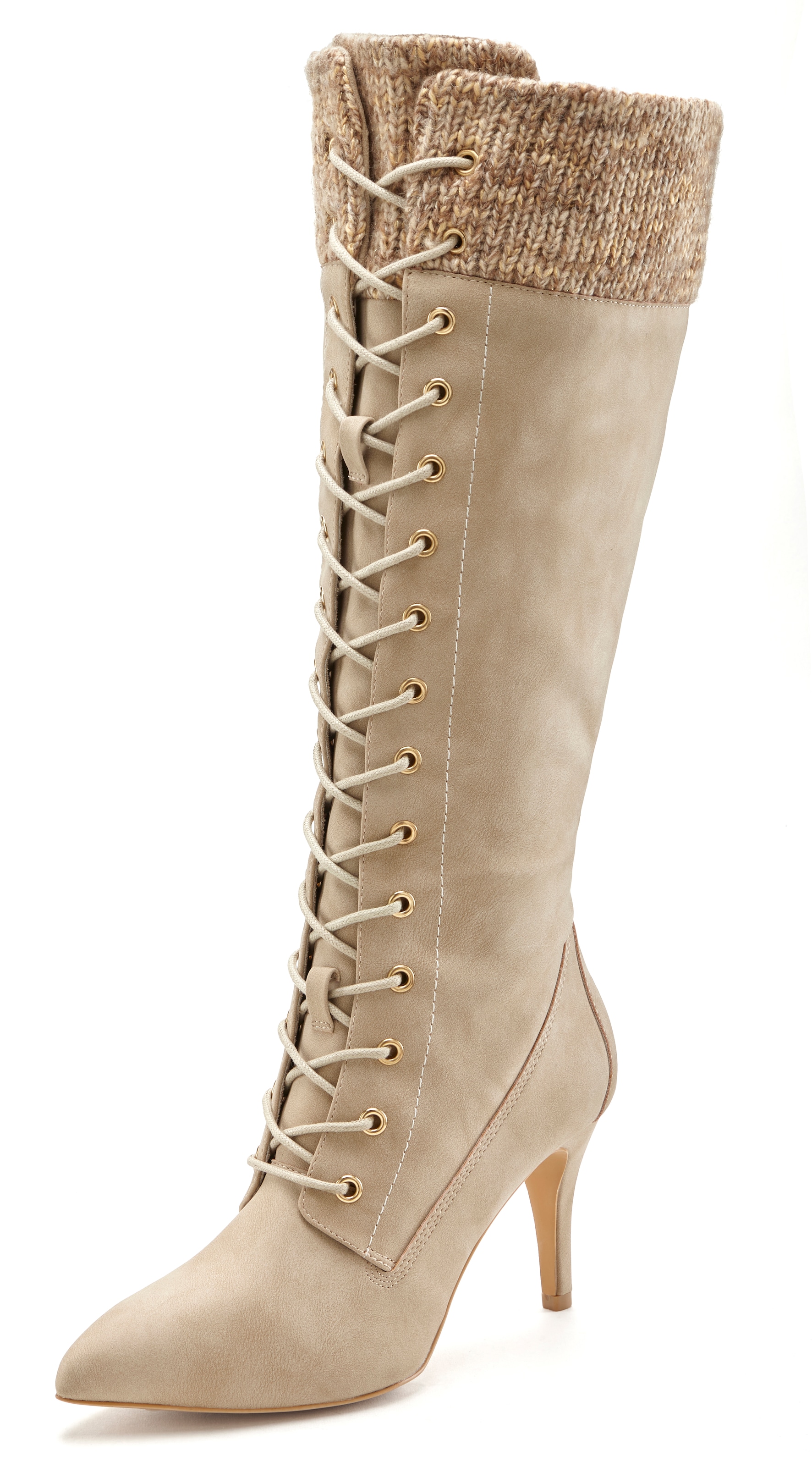 LASCANA Stiefel »Stiefelette, Langer Stiefel«, mit spitz zulaufender Form und Strickeinsatz