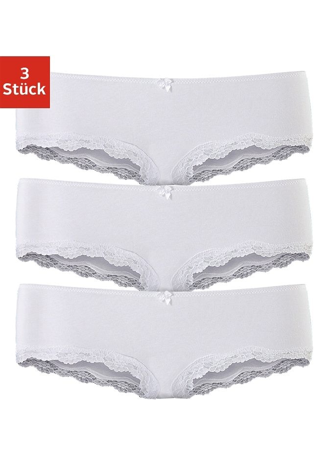 LASCANA Panty, (3er-Pack), aus elastischer Baumwolle mit zarter Spitze