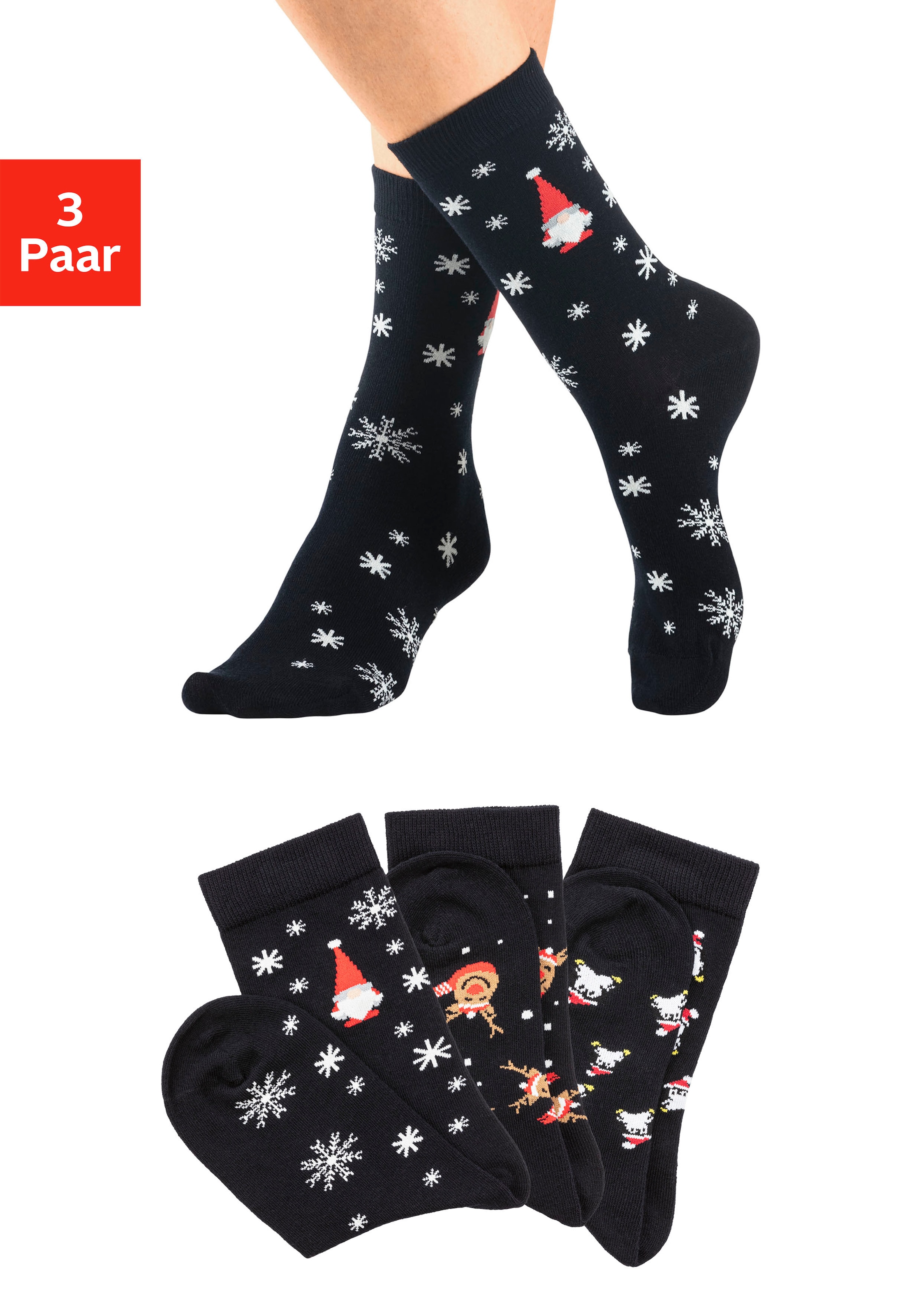 H.I.S Basicsocken »Weihnachtssocken«, (Packung, 3 Paar), mit weihnachtlichen Motiven