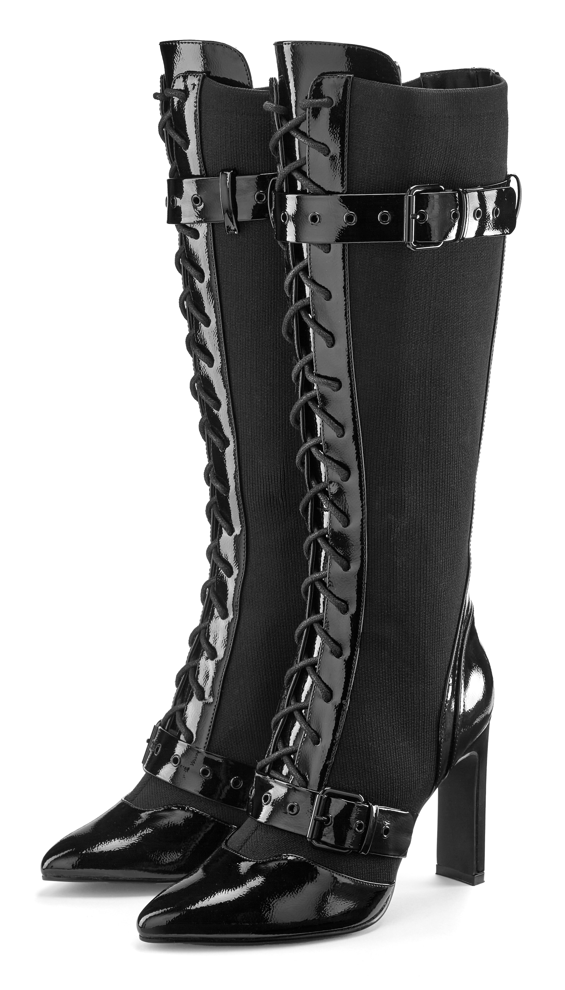 LASCANA Belle Affaire High-Heel-Stiefel, Schnürstiefel mit erotischer Lack-Optik, High-Heel-Stiefelette