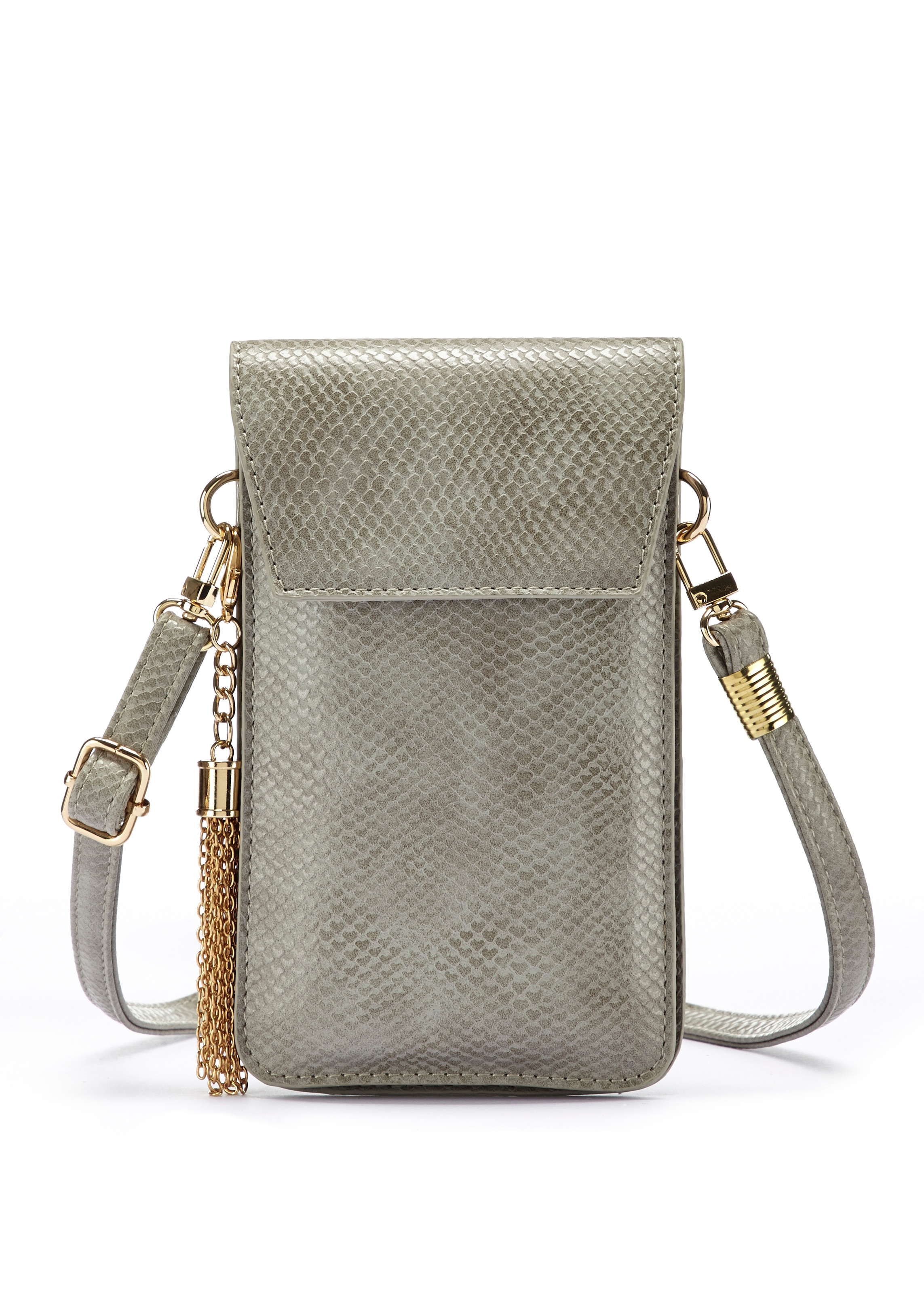 Image of LASCANA Umhängetasche, modische Minibag, Handytasche zum Umhängen mit praktischem Sichtfenster, im Kroko Look und abnehmbarer Tassel