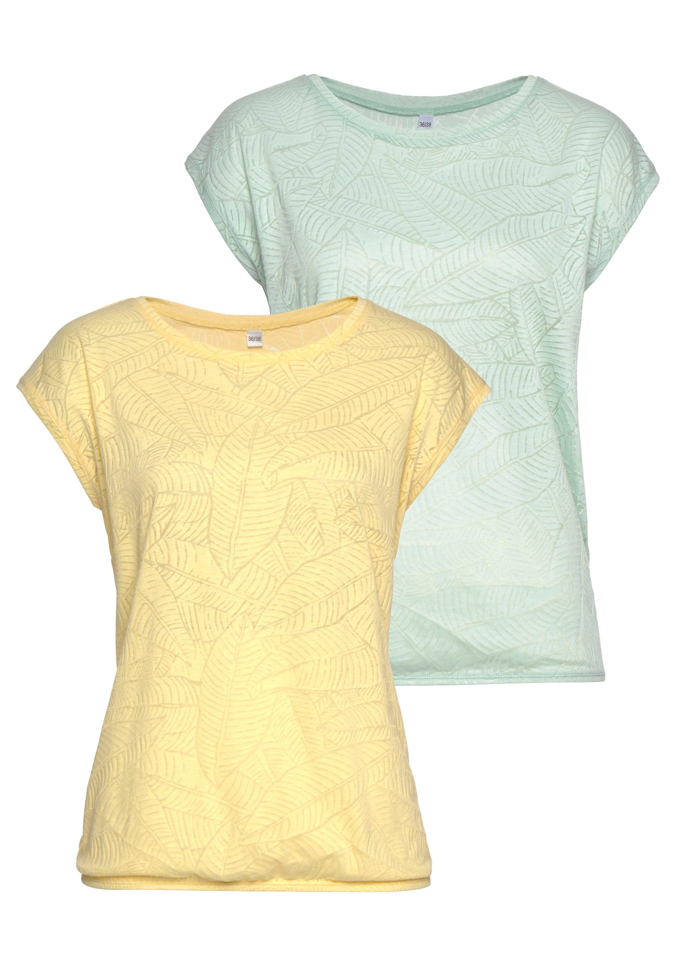 Image of Beachtime Kurzarmshirt, (2er-Pack), Ausbrenner-Qualität mit transparentem Blätterdesign
