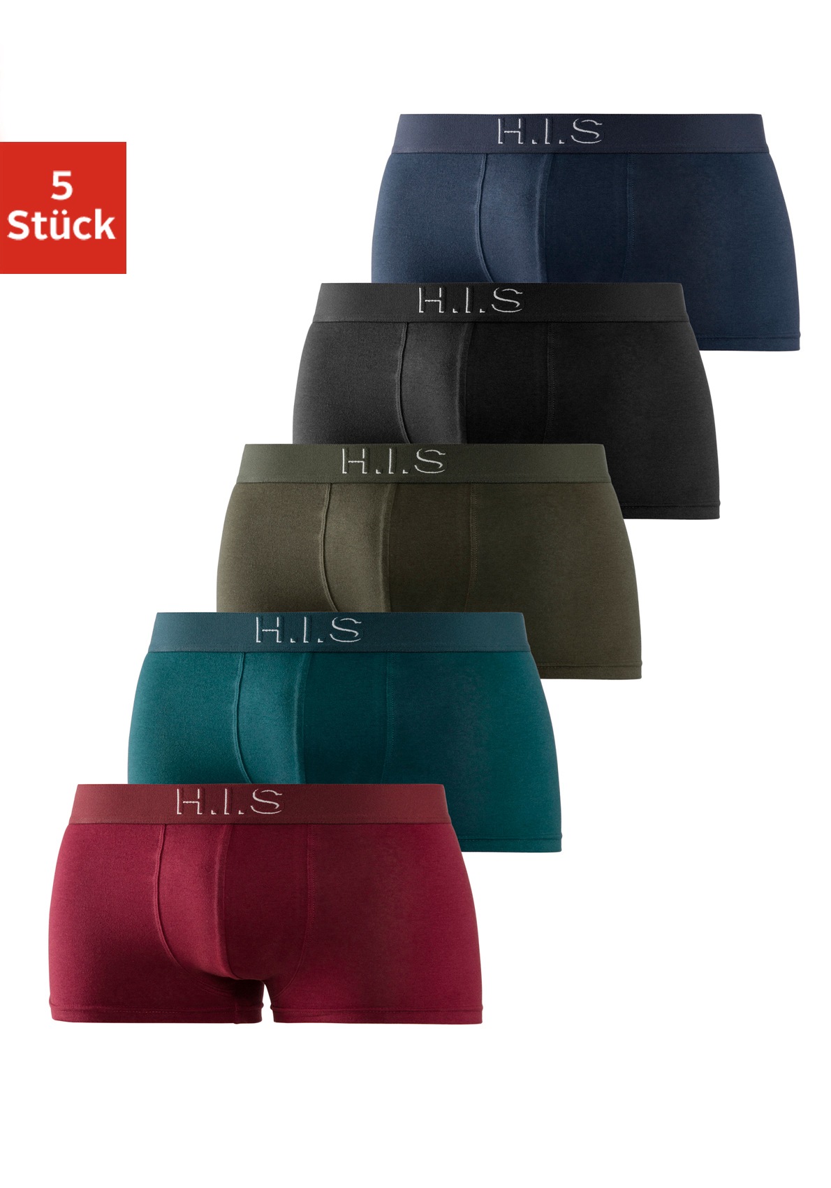 H.I.S Boxershorts, (Packung, 5 St.), in Hipster-Form am Webbund mit Logoschriftzug mit 3D Effekt