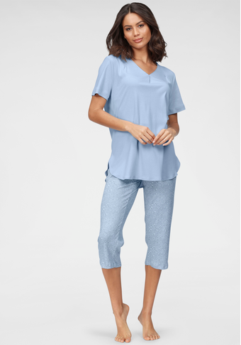 Schiesser Pyjama, mit Faltenverarbeitung am Ausschnitt und gemusterter Hose