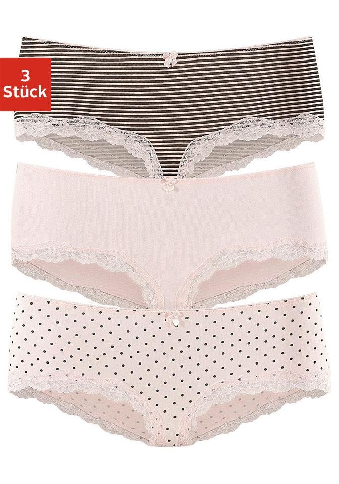 LASCANA Panty, (Packung, 3 St.), aus elastischer Baumwolle mit zarter Spitze