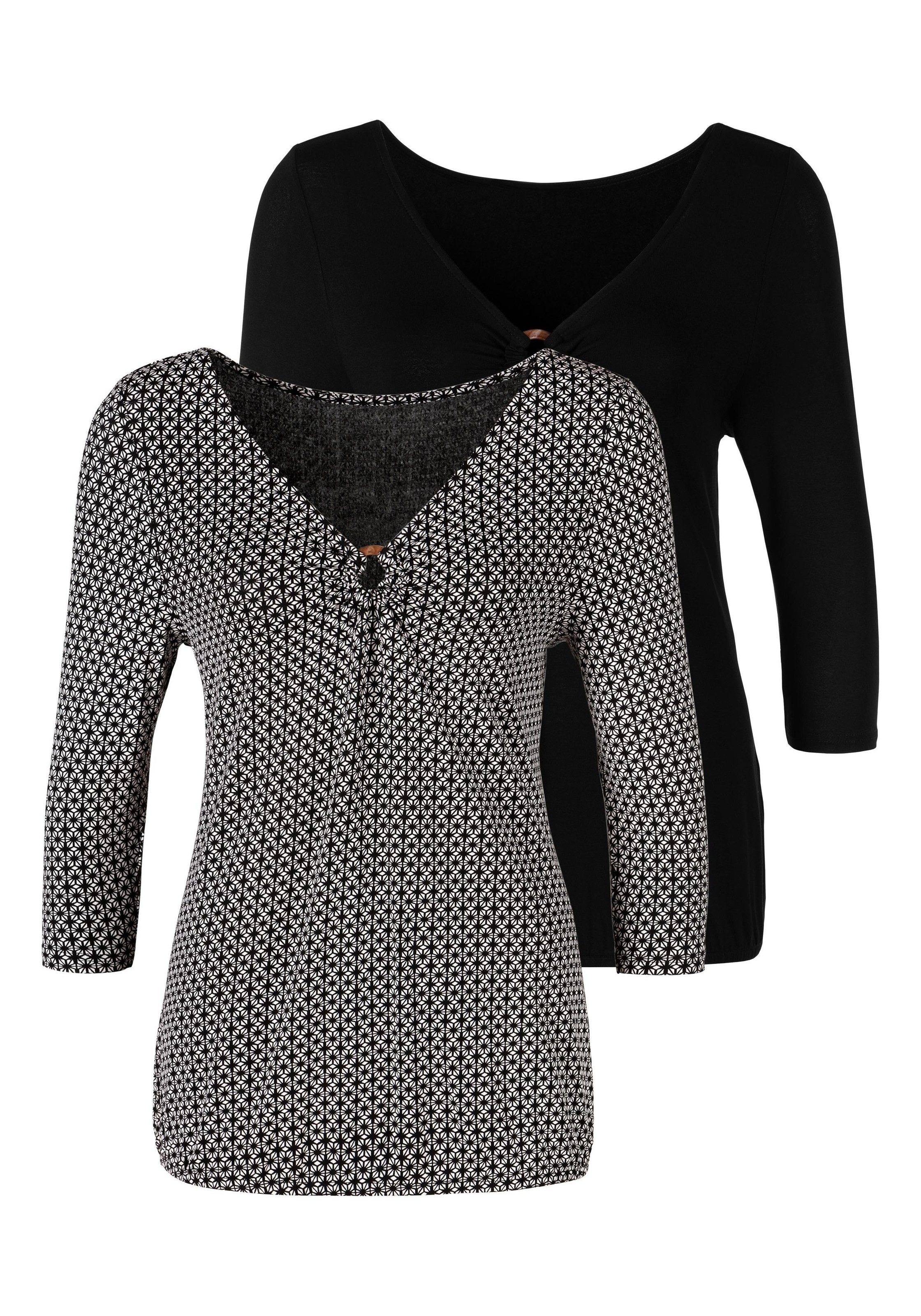 Image of LASCANA 3/4-Arm-Shirt, (2er-Pack), mit Ringeinsatz in Hornoptik vorn