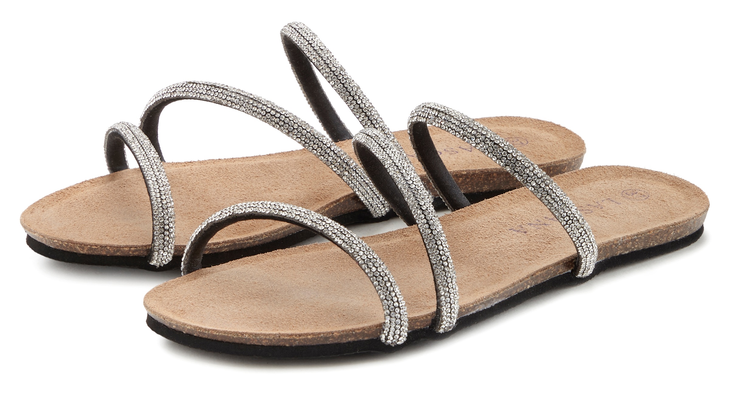 LASCANA Pantolette »Sandale,«, Mule, offener Schuh, hochwertiges Korkfussbett mit Strasssteinchen