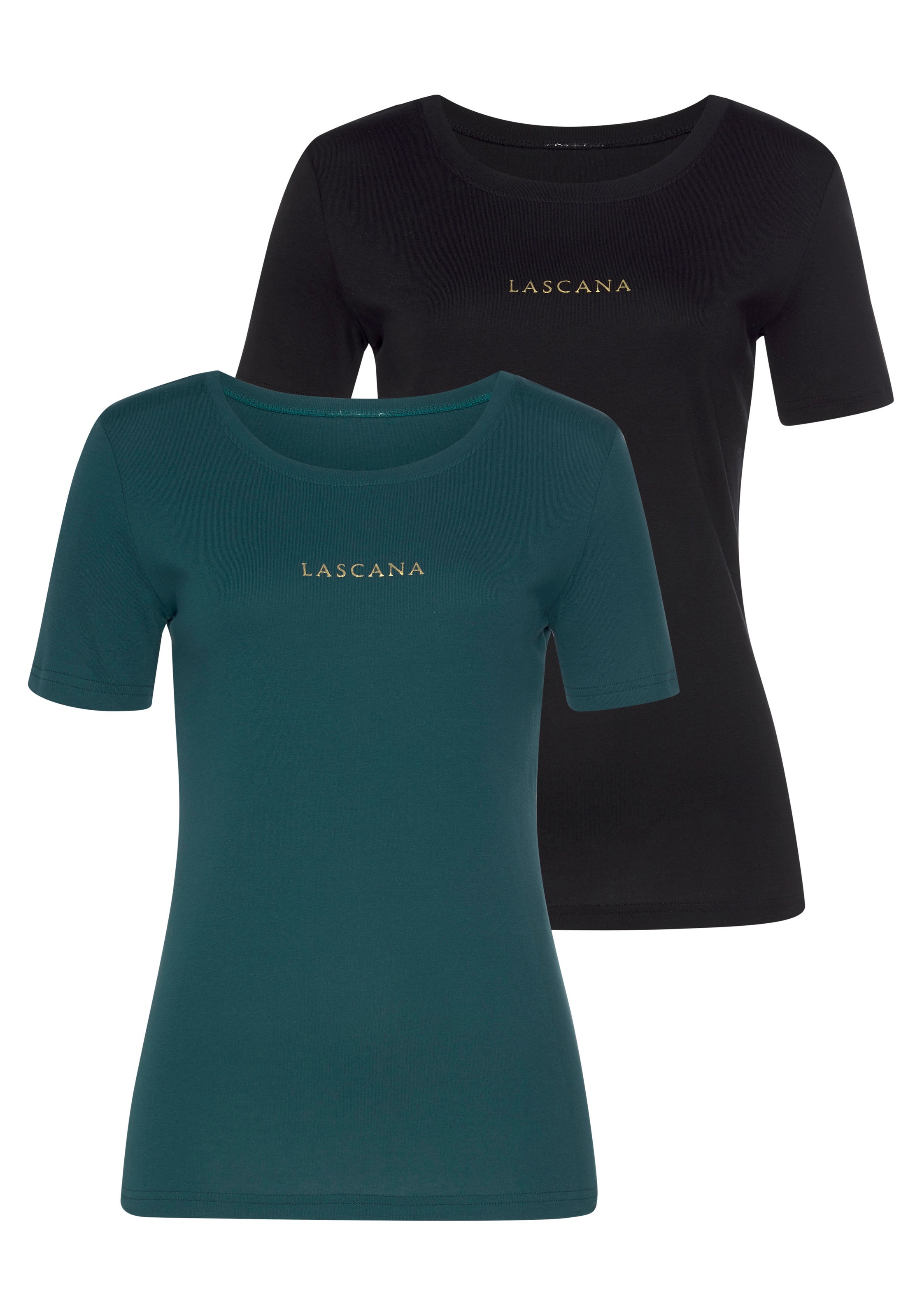 Image of LASCANA T-Shirt, (2er-Pack), mit goldfarbenenem Logodruck