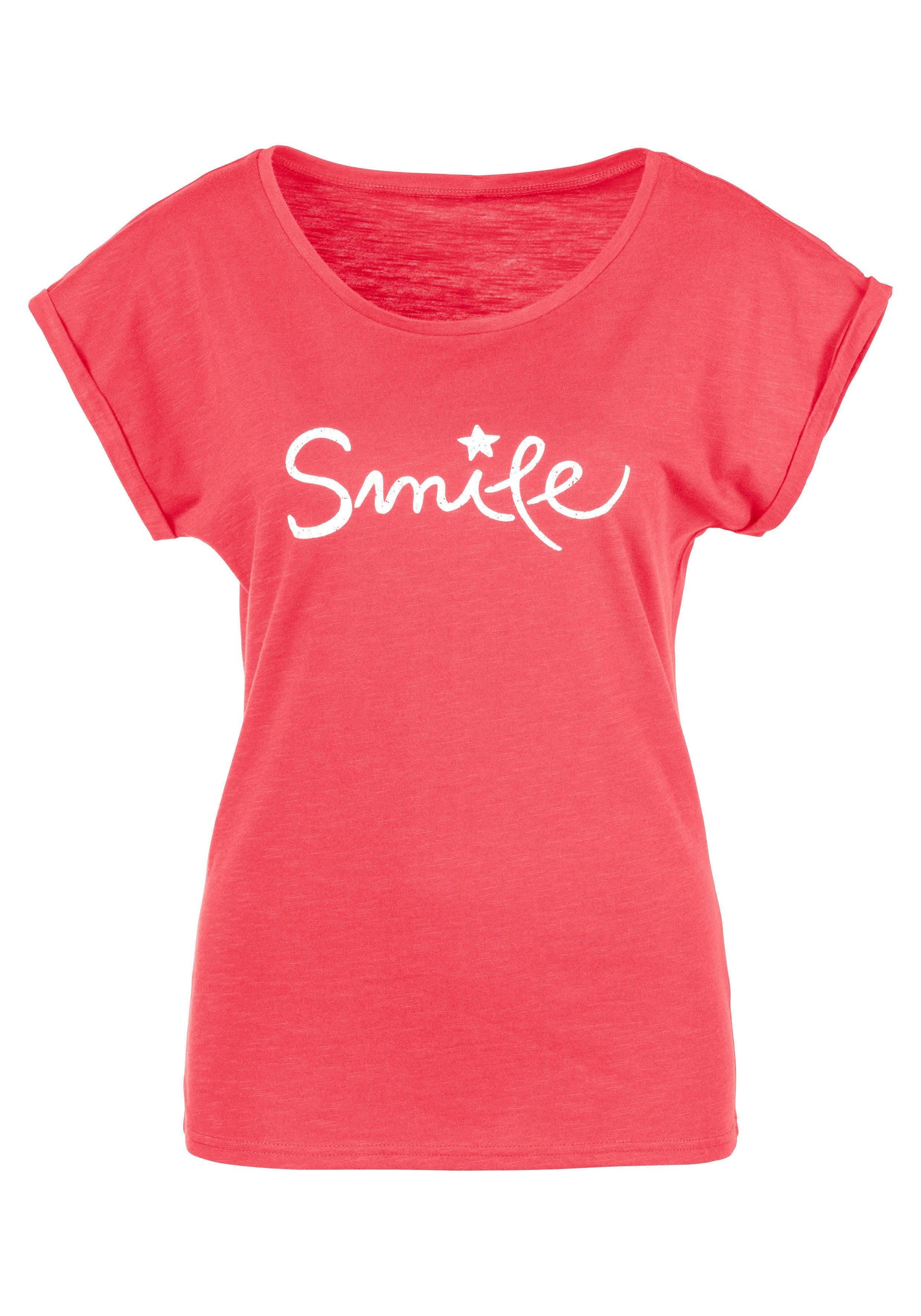Beachtime T-Shirt, mit modischem Sprüche Frontdruck "Smile"