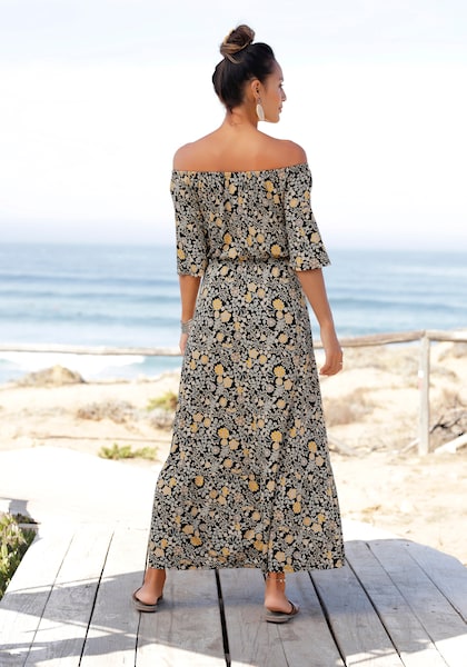 LASCANA Maxikleid, mit Blumendruck und Carmenausschnitt, Sommerkleid, Strandkleid