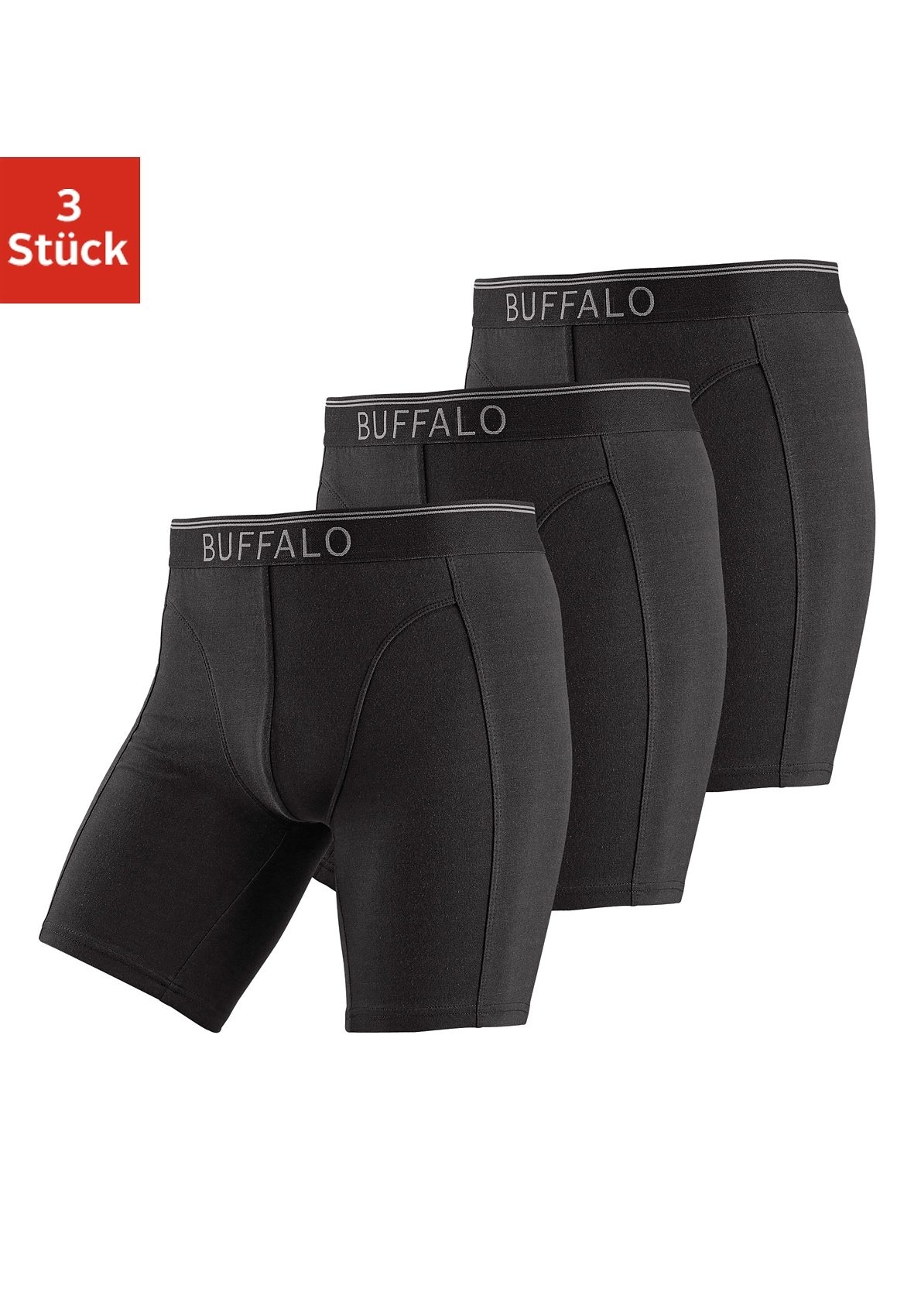 IDEAL günstig Kaufen-Buffalo Boxer, (Packung, 3 St.), in langer Form ideal auch für Sport und Trekking. Buffalo Boxer, (Packung, 3 St.), in langer Form ideal auch für Sport und Trekking <![CDATA[Cooler Look mit mulitcolorem Kontrast-Logoschriftzug im Webbund. Baumwo