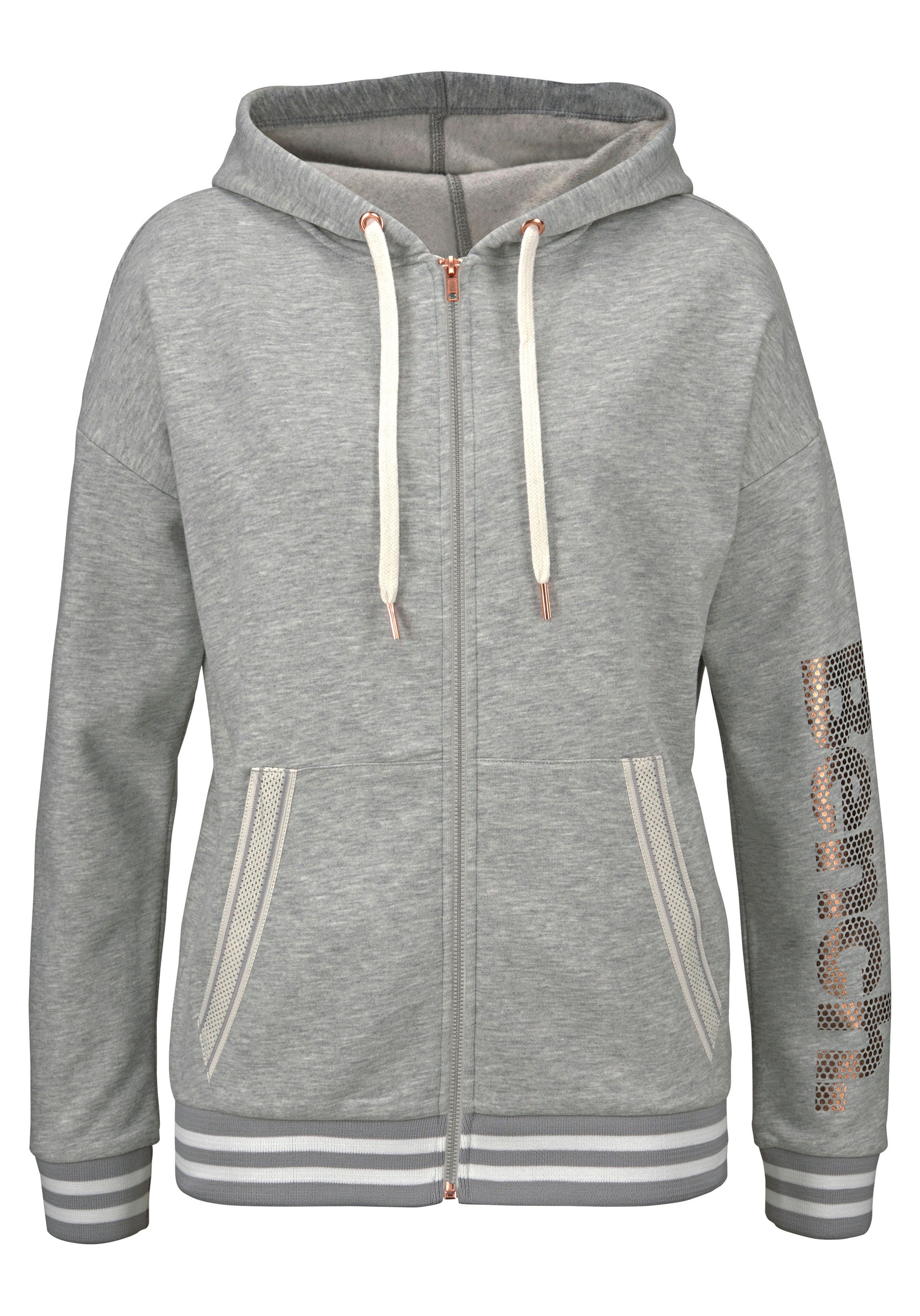 Bench. Kapuzensweatjacke, mit gestreiften Bündchen und Glanzprint, Loungewear, Loungeanzug