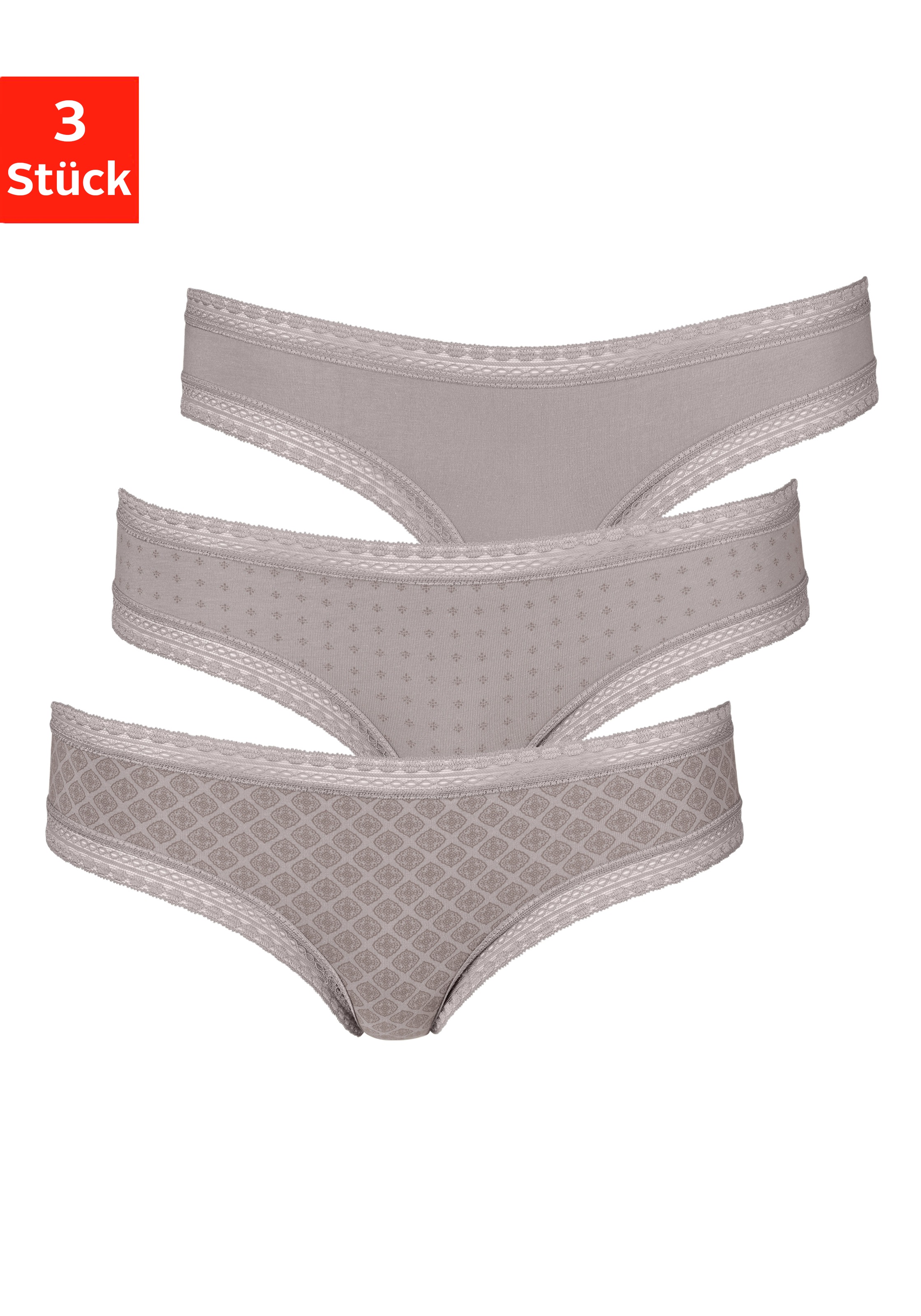 Pack PS günstig Kaufen-LASCANA Brasilslip, (Packung, 3 St.). LASCANA Brasilslip, (Packung, 3 St.) <![CDATA[Lascana: Slips im 3er-Pack. Mit grafischer Spitze an Taillen- und Beinabschlüssen. Allover bedruckt und uni in einer Packung. Aus weicher Baumwoll-Stretch-Qualität.]]>. 