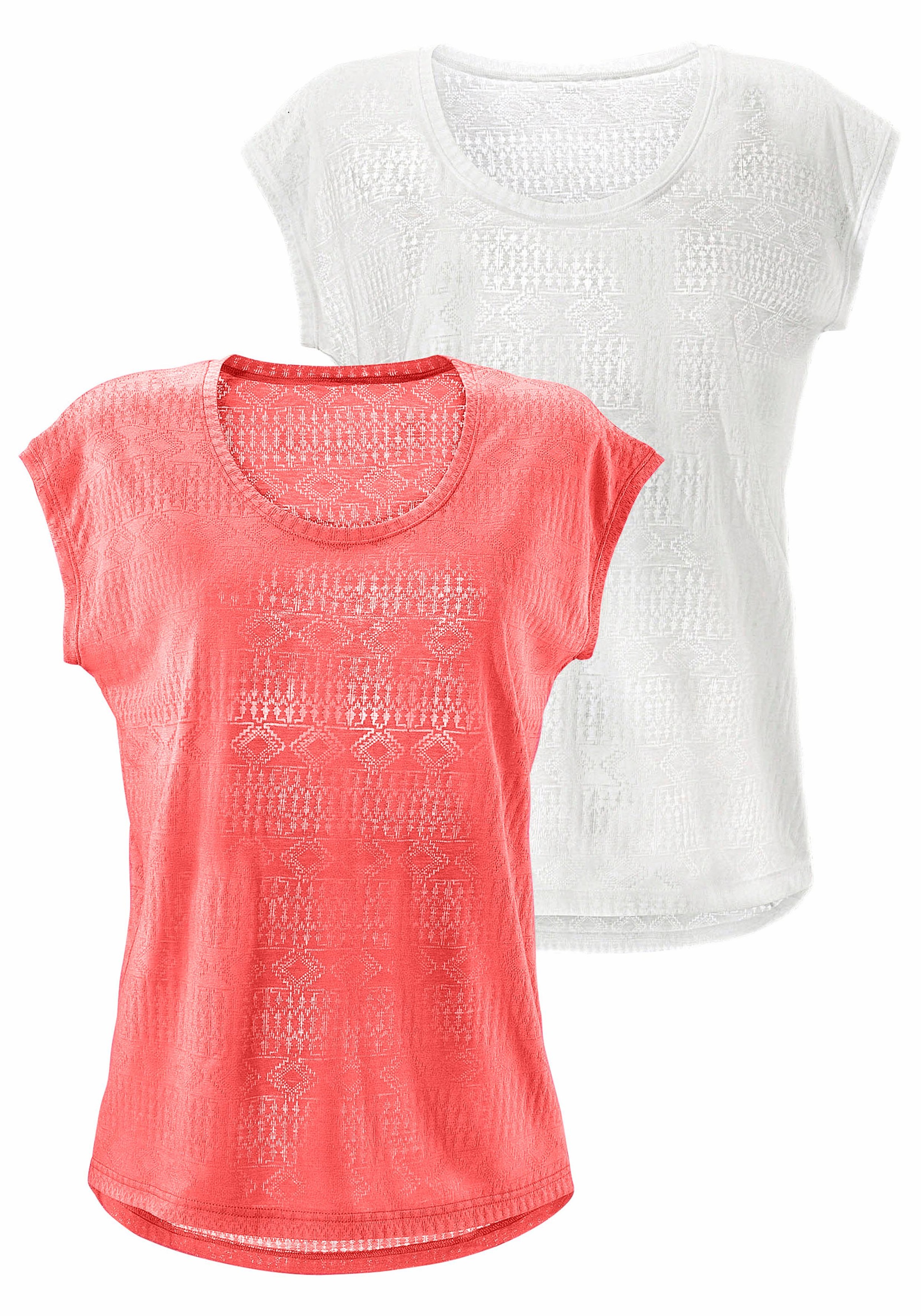 Image of LASCANA T-Shirt, (2er-Pack), Ausbrenner-Qualität mit leicht transparentem Ethno-Design