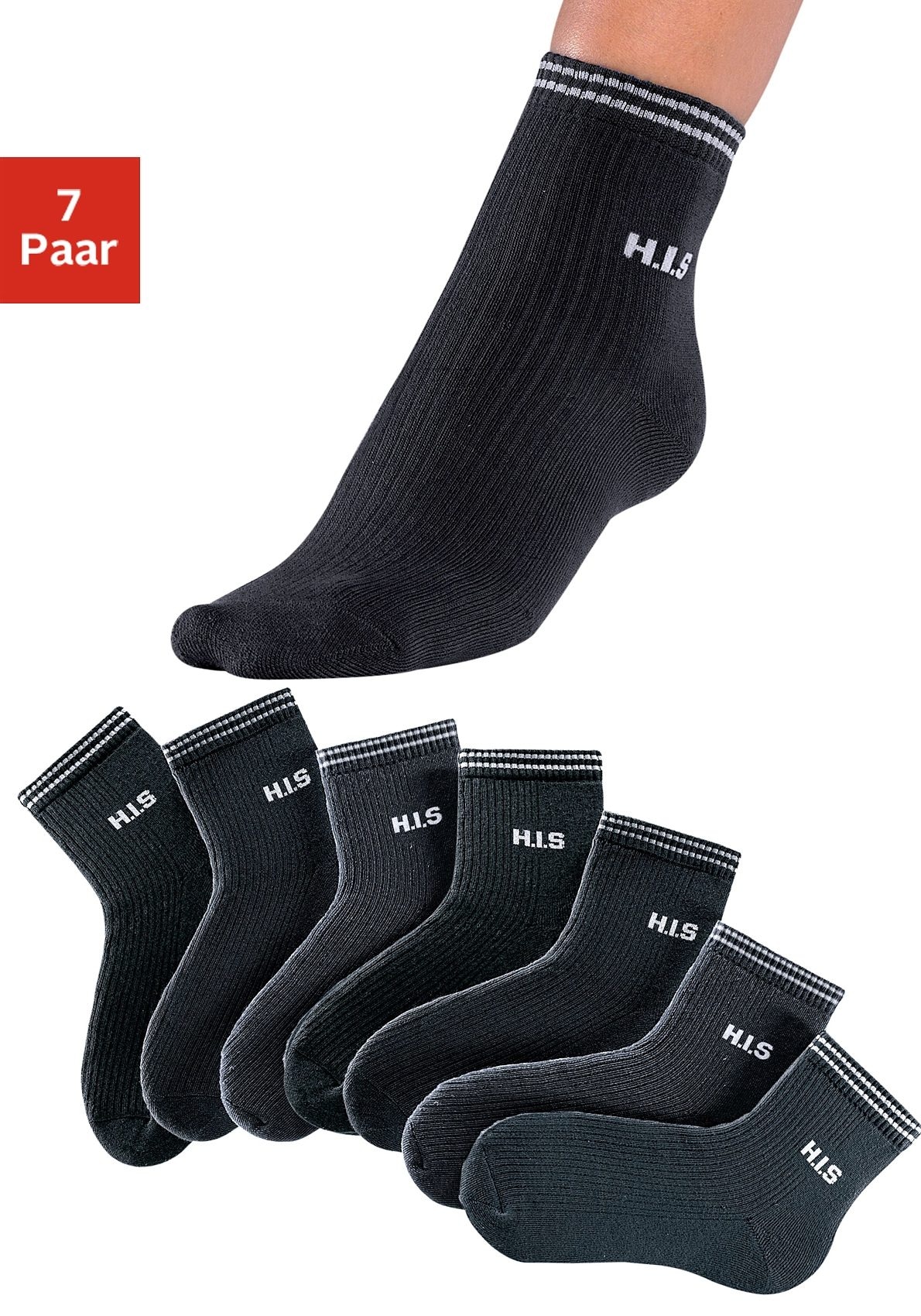 Kurzsocken in günstig Kaufen-H.I.S Kurzsocken, (Set, 7 Paar), mit Vollfrottee. H.I.S Kurzsocken, (Set, 7 Paar), mit Vollfrottee <![CDATA[Sportliche Kurzsocken im Multipack von H.I.S. Hochwertige Rippenware mit geringeltem Bündchen. Die sportive Kurzform endet oberhalb des Knöchels 